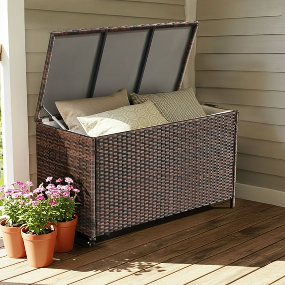 AVAWING 70 Gallon PE Wicker Storage Box, Patio Deck Box, Outdoor Container, Brown