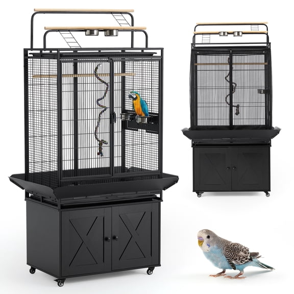 AVAWING 70-Inch Bird Cage with Play Top & Storage Cabinet, Tall Big Bird Flight Cage Aviary, Black