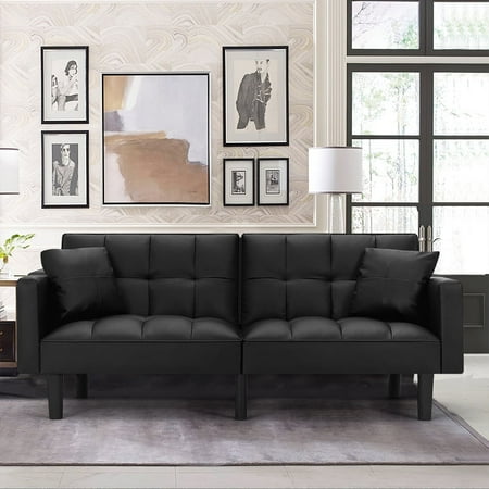 AVAWING 74" Modern Convertible Sofa Bed Faux Leather Futon Recliner Couch with Pillows, Adult, Black