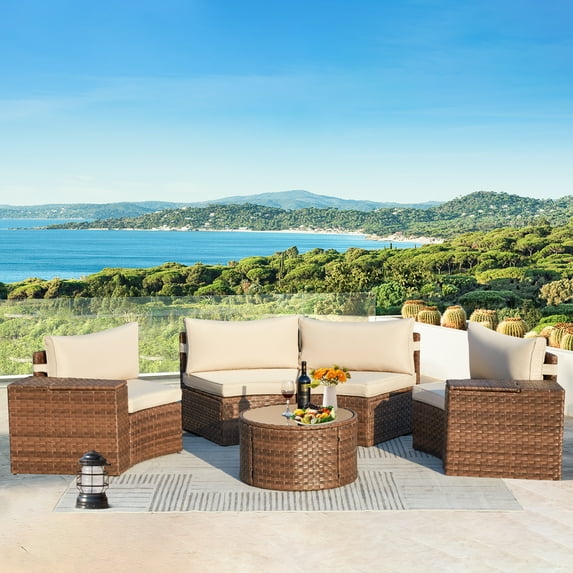 AVAWING 7PCS Half Moon Patio Rattan Couch Set, Outdoor Wicker Sectional Sofa w/ Glass Table, Beige