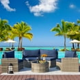 thumbnail image 1 of AVAWING 7PCS Half Moon Patio Rattan Couch Set, Outdoor Wicker Sectional Sofa w/ Glass Table, Blue, 1 of 9