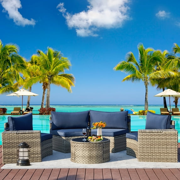 AVAWING 7PCS Half Moon Patio Rattan Couch Set, Outdoor Wicker Sectional Sofa w/ Glass Table, Blue