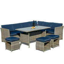 AVAWING 7PCS Patio Wicker Rattan Sofa Furniture Set Outdoor Conversation Dining Set w/ Ottoman Blue