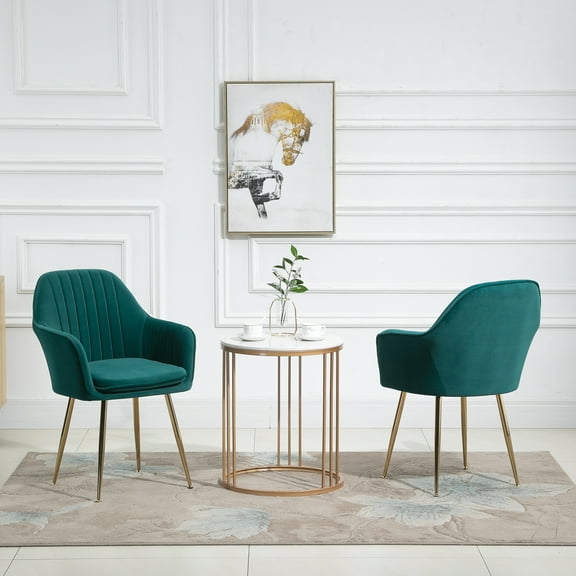 AVAWING Accent Arm Chairs Upholstered Velvet Dining Chairs Set of 2, Golden Legs, Indoor, Green