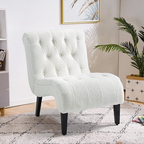 AVAWING Armless Teddy Accent Chair, Upholstered Lounge Chair with Wood Legs, Comfy Reading Chair for Living Room & Bedroom, White