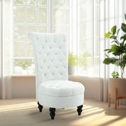 AVAWING Boucle High-back Chair, Retro Royal Armless Chair, Button-Tufted Throne Chair, Living Room Chair, Accent Chair with Solid Wood Legs, White