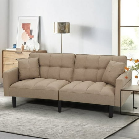 AVAWING Convertible Sofa Bed Upholstered Modern Folding Futon Sofa Bed Linen Fabric Tufted Couches with 2 Pillows, Adjustable Back and High Strength Nylon Legs for Living Room, Khaki