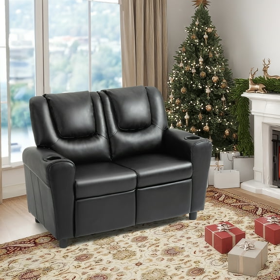 AVAWING Double Kids Recliner Chair, PU Leather Child Loveseat, Indoor Lounge Sofa Chair, Black