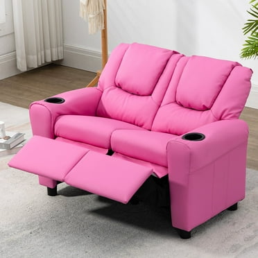 AVAWING Double Kids Recliner Chair, PU Leather Kids Loveseat, Indoor Lounge Sofa Chair, Pink