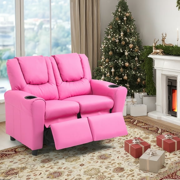 AVAWING Double Kids Recliner Chair, PU Leather Kids Loveseat, Indoor Lounge Sofa Chair, Pink