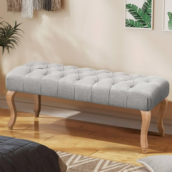 AVAWING French Vintage Button Tufted Upholstered Entryway Bench, Fabric Accent Bench, Light Gray
