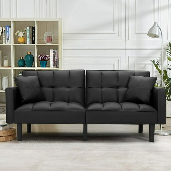 AVAWING Futon Sofa Bed Recliner Sofa Faux Leather Couches for Living Room Modern Tufted Convertible Sofa Bed with 2 Pillows, Black