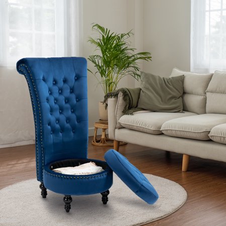 AVAWING High Back Retro Throne Chair, Velvet Armless Royal Chair w/ Storage, Indoor, Blue