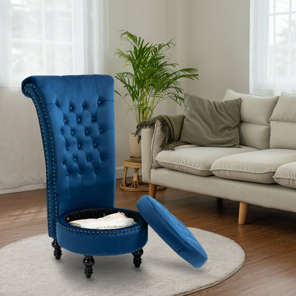 AVAWING High Back Retro Throne Chair, Velvet Armless Royal Chair w/ Storage, Indoor, Blue