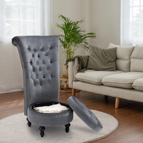 AVAWING High Back Retro Throne Chair, Velvet Armless Royal Chair w/ Storage, Indoor, Gray