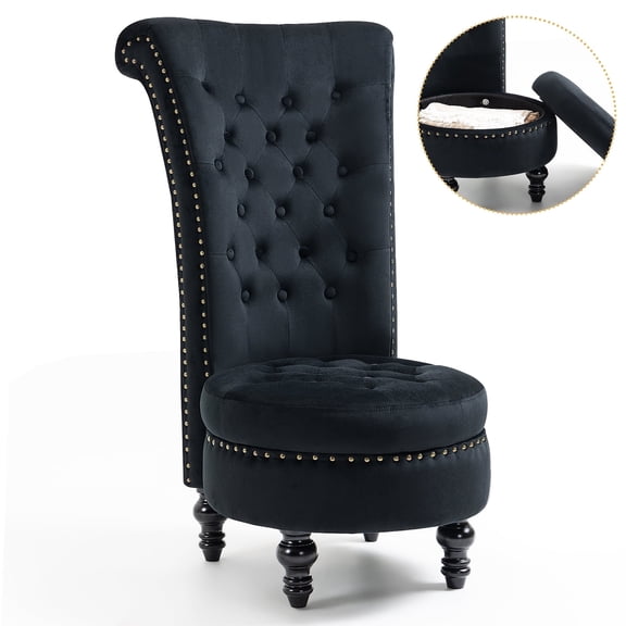 AVAWING High Back Royal Chair w/ Nailhead Trim, Velvet Armless Throne Chair w/ Storage, Black