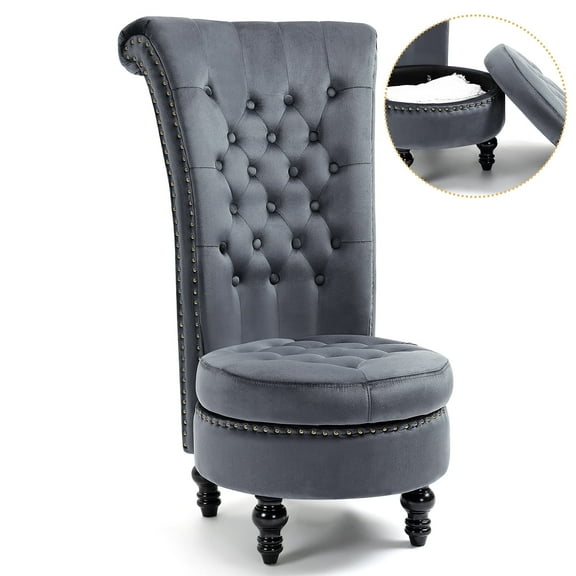 AVAWING High Back Royal Chair w/ Nailhead Trim, Velvet Armless Throne Chair w/ Storage, Gray