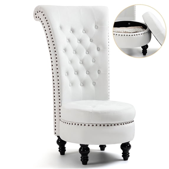 AVAWING High Back Royal Chair w/ Nailhead Trim, Velvet Armless Throne Chair w/ Storage, White