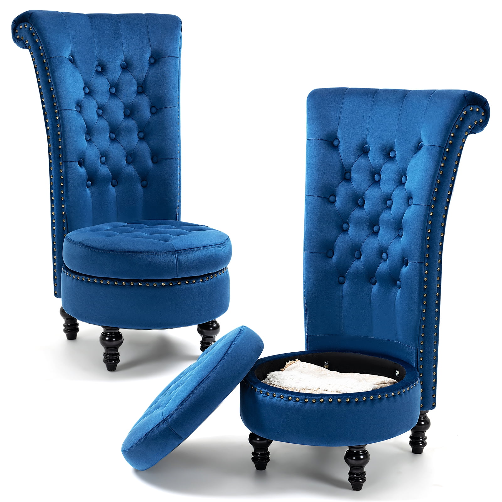 AVAWING High Back Throne Chair Set of 2 Velvet Armless Royal Accent Chair w Storage Nailhead Trim Rubberwood Legs for Living Room Bedroom Blue