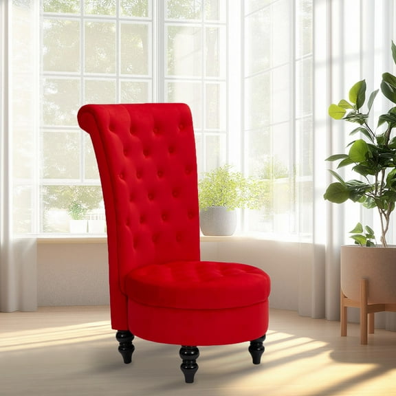 AVAWING High-Back Velvet Throne Chair, Retro Royal Armless Chair, Indoor, Red