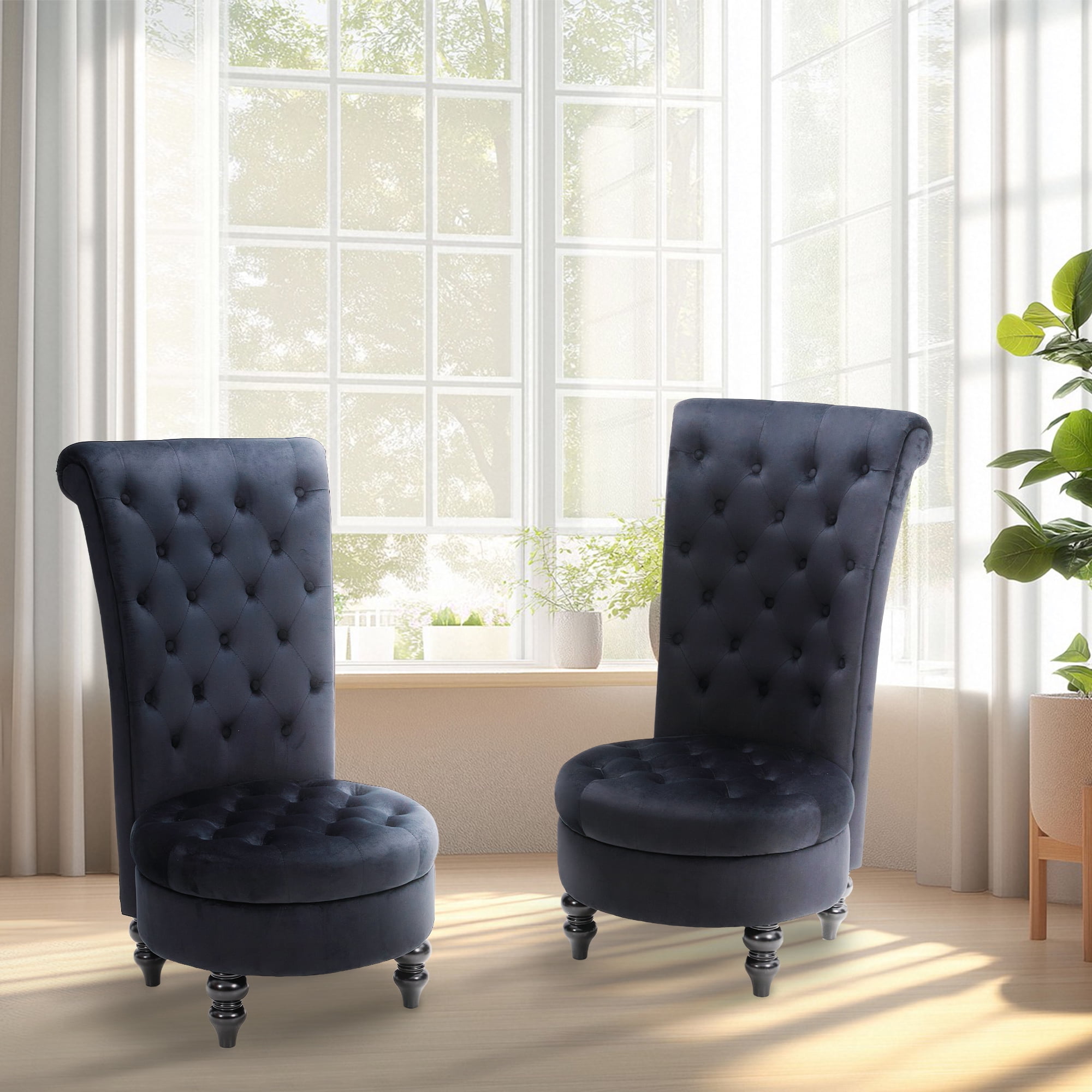 Mysterious Black Velvet High Back Throne Chair Set