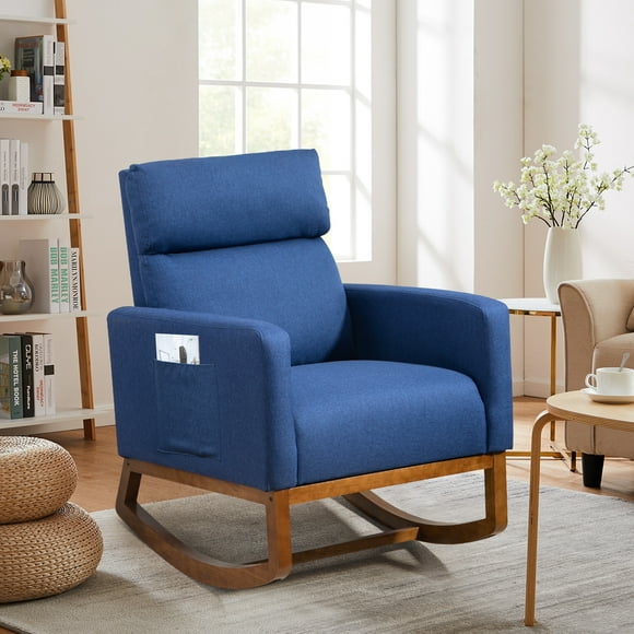 AVAWING Living Room Rocking Chair, Rocker Fabric Padded Seat Modern Adult Armchair, Solid Wood, Blue