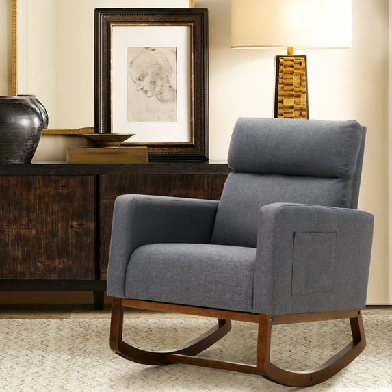AVAWING Living Room Rocking Chair, Rocker Fabric Padded Seat Modern Adult Armchair, Solid Wood, Gray
