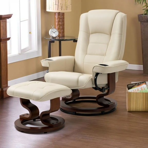 AVAWING Massage Recliner Chair with Ottoman, 360° Swivel PU Leather Reclining Chair, Beige