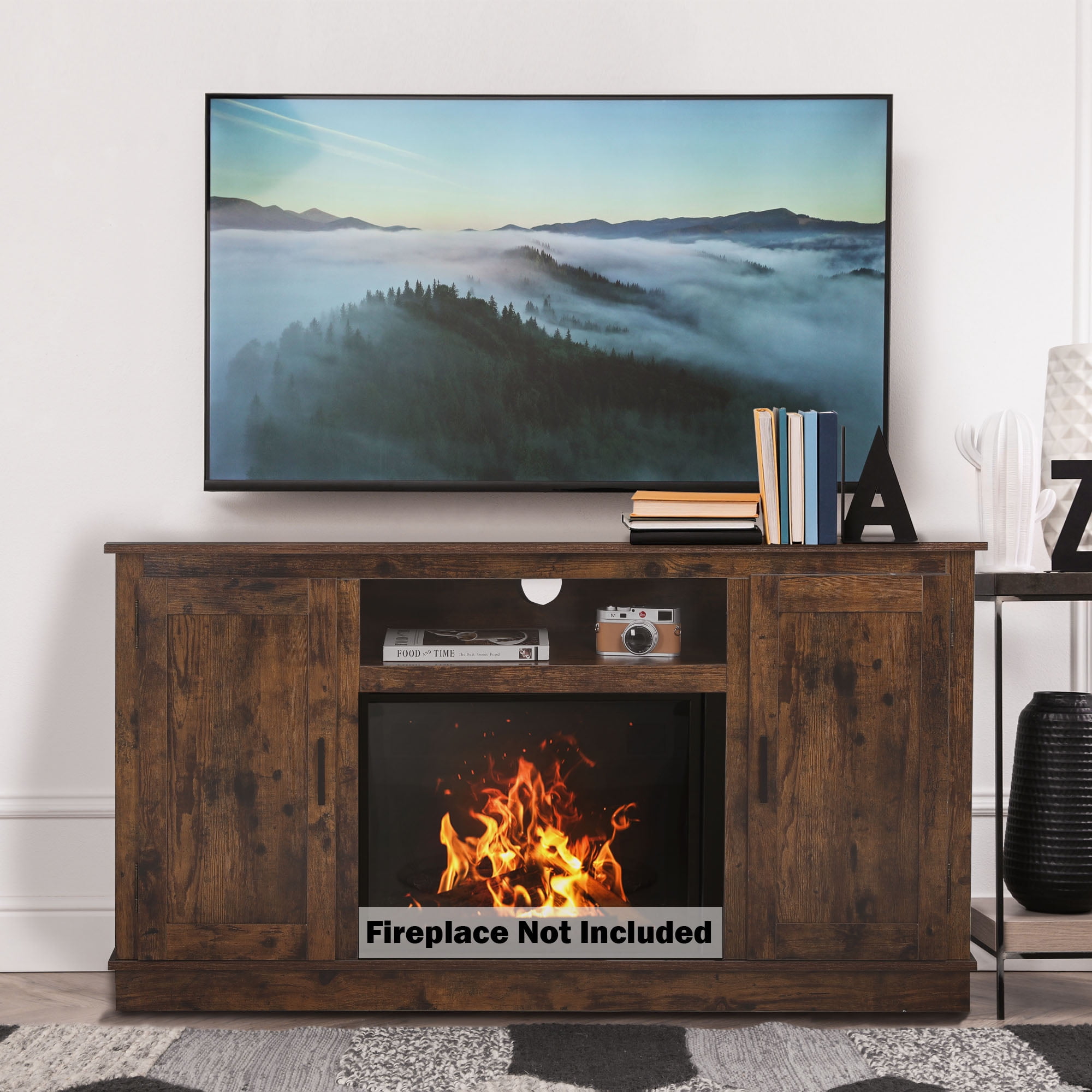 AVAWING Mid-Century Fireplace TV Stand for 49 Inch TV, Fireplace Console  Media Entertainment Center Console Table with Storage＆Open Shelf for Living  Room/Bedroom, Rustic Brown, Fireplace Not Included - Walmart.com