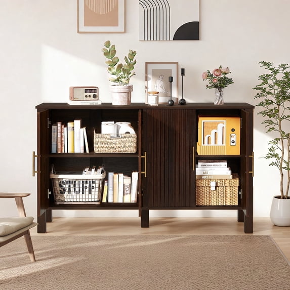 AVAWING Modern Buffet Cabinet, Credenza with 4 Doors, Fluted Buffet Sideboard Cabinet, Brown