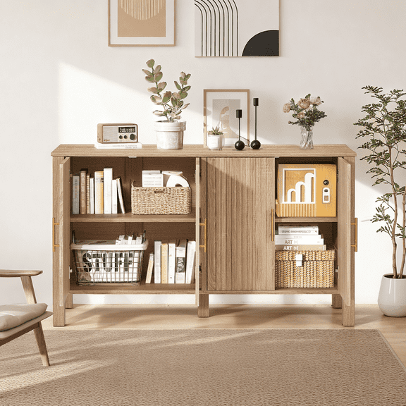 AVAWING Modern Buffet Cabinet, Credenza with 4 Doors, Fluted Buffet Sideboard Cabinet, Natural