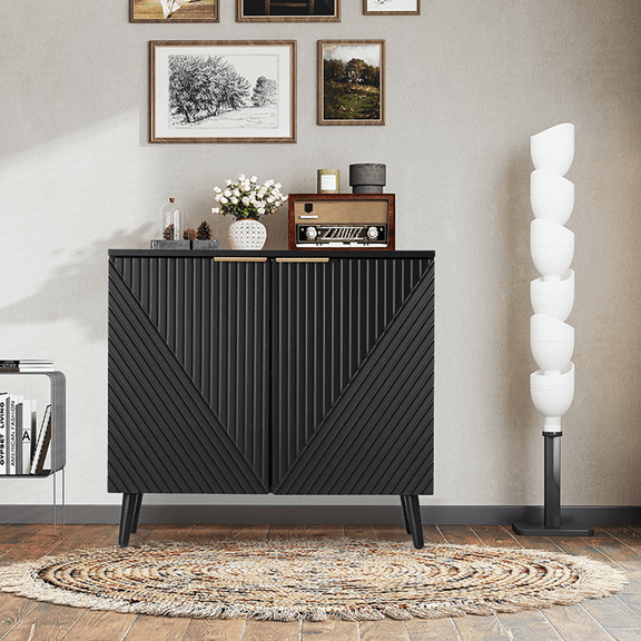AVAWING Modern Sideboard Cabinet, Wood Buffet Cabinet with Adjustable Shelves, Fluted Black