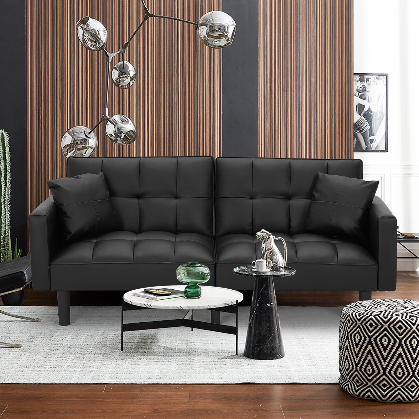 AVAWING Modern Upholstered Sofa Bed, Convertible Sectional Sofa, Upholstered Futon Faux Leather Couch w/ 2 Pillows, Apartment, Black