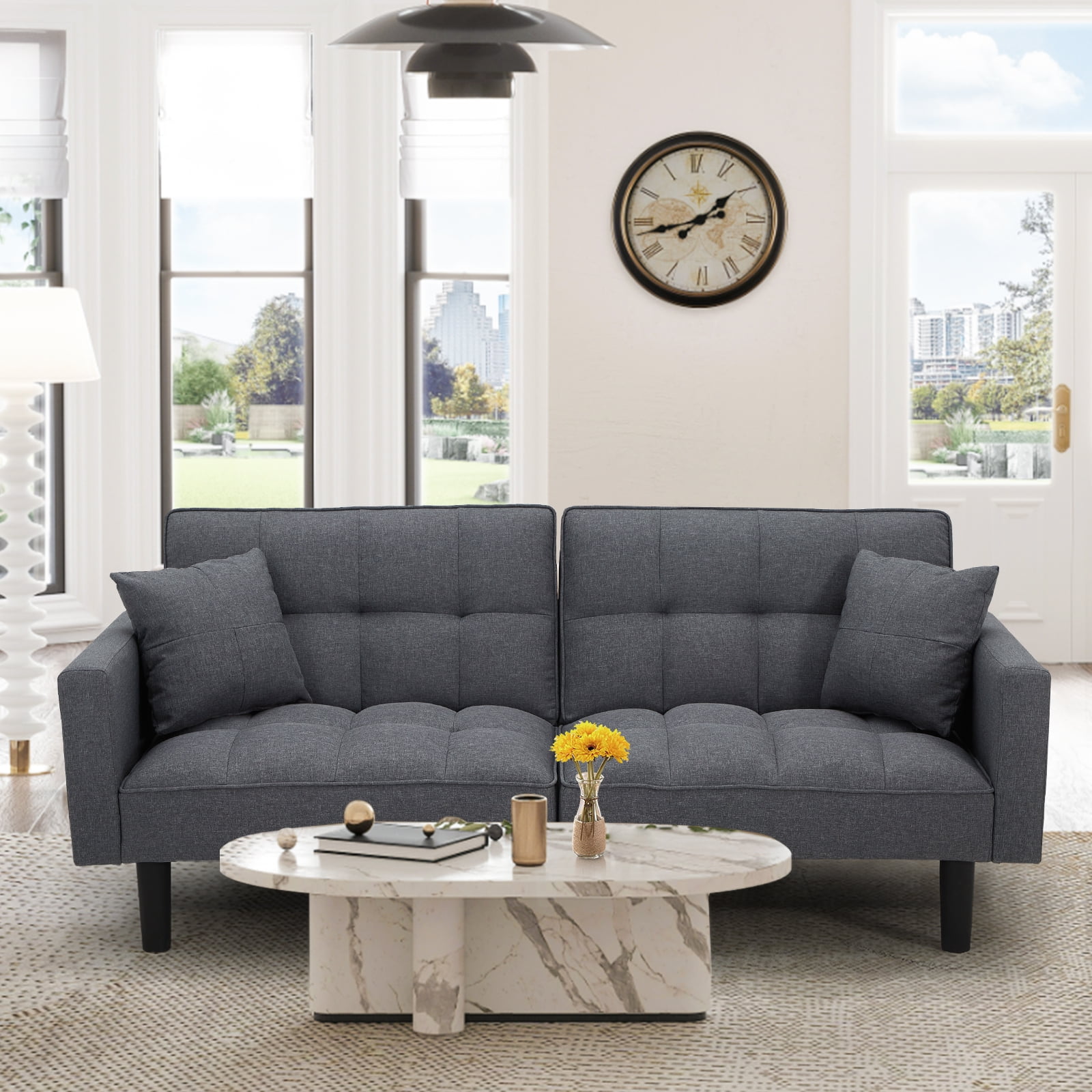AVAWING Modern Upholstered Sofa Bed, Convertible Sectional Sofa, Upholstered Futon Linen Tufted Couch w/ 2 Pillows, Apartment, Gray