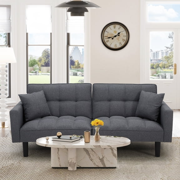 AVAWING Modern Upholstered Sofa Bed, Convertible Sectional Sofa, Upholstered Futon Linen Tufted Couch w/ 2 Pillows, Apartment, Gray