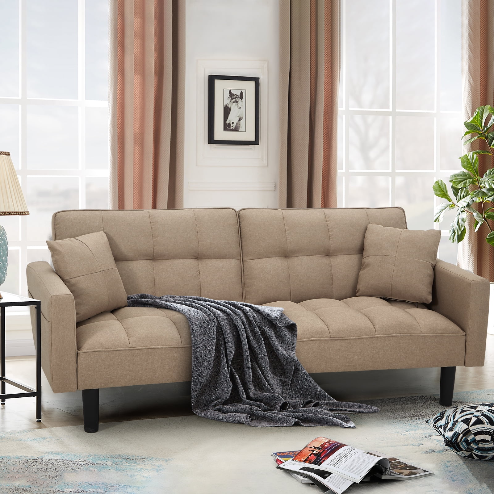 AVAWING Modern Upholstered Sofa Bed, Convertible Sectional Sofa, Upholstered Futon Linen Tufted Couch w/ 2 Pillows, Apartment, Khaki