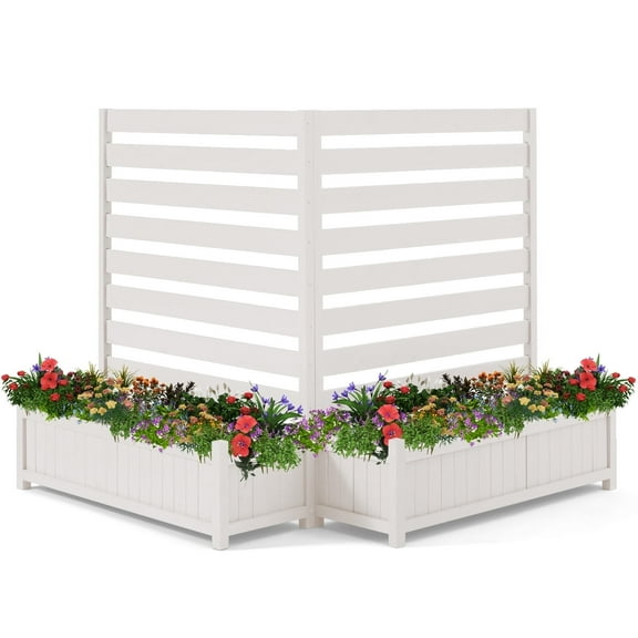 AVAWING No-Dig AC Unit Privacy Fence 2 Panels with Planter Box, 36" W x 45" H, Durable Outdoor Wood Screen to Hide AC & Trash with Floral Bed White