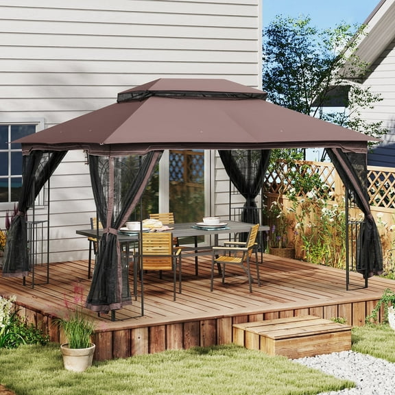 AVAWING Outdoor Gazebo 10' X 13', Patio Double Waterproof Soft-top Canopy with Netting, Brown