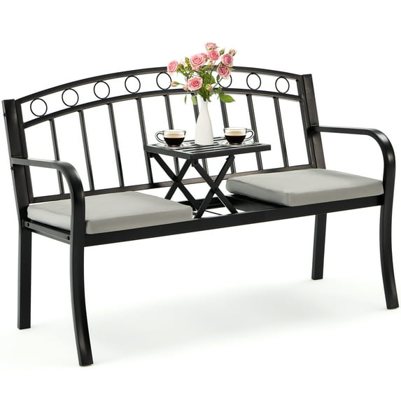 AVAWING Outdoor Patio Garden Bench, Steel Double Seat, Bench for Two Persons, Cushion Color Beige & Gray