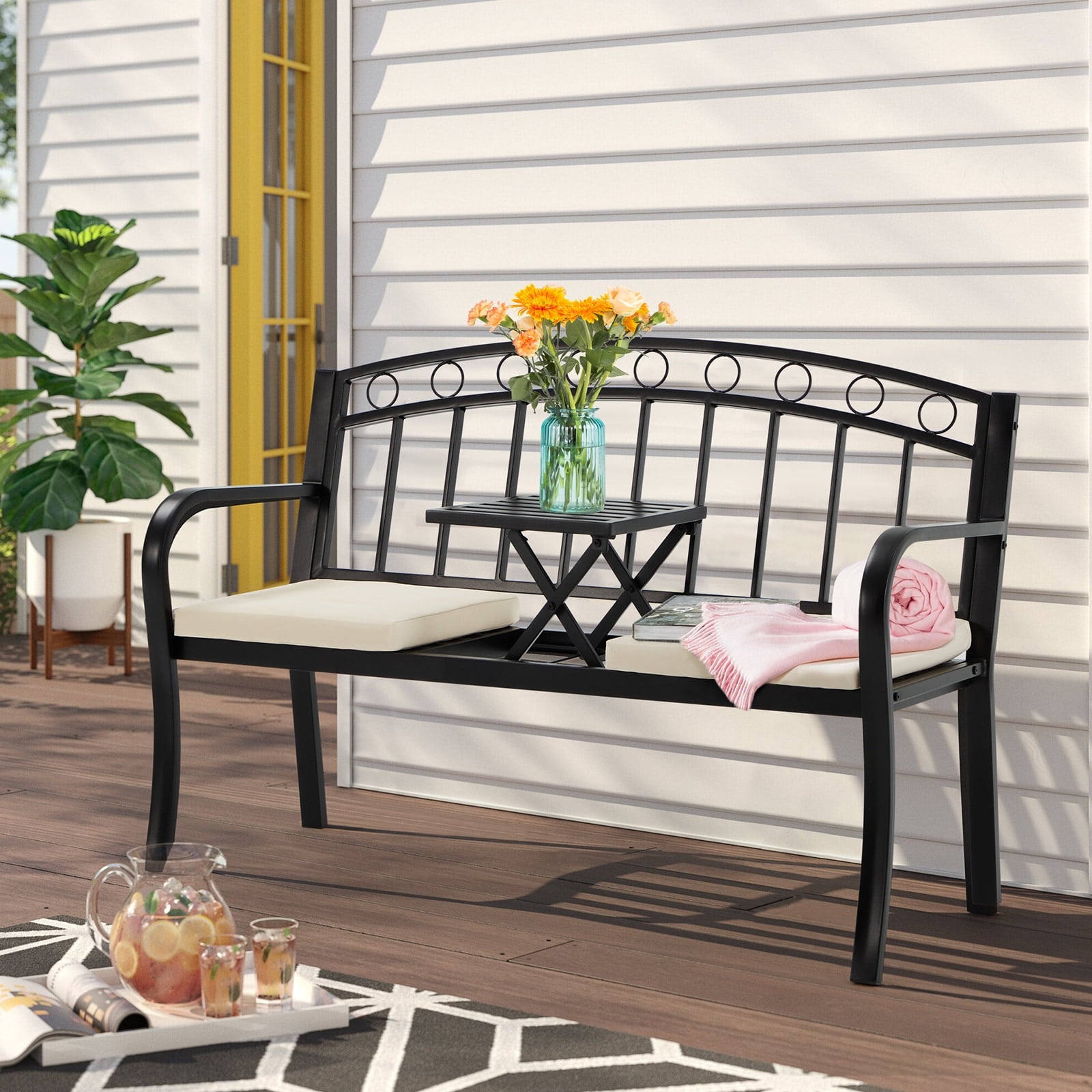 Black Iron Outdoor Garden Bench with Beige Cushions