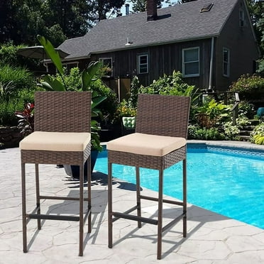 AVAWING Outdoor Wicker Rattan Bar Stools Set of 2 with Cushion for Backyard & Pool, Brown