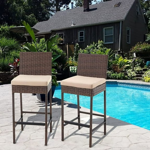 AVAWING Outdoor Wicker Rattan Bar Stools Set of 2 with Cushion for Backyard & Pool, Brown