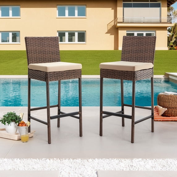 AVAWING Outdoor Wicker Rattan Bar Stools Set of 2 with Cushion for Backyard & Pool, Brown