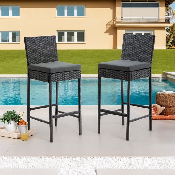 AVAWING Outdoor Wicker Rattan Bar Stools Set of 2 with Cushion for Lawn, Black