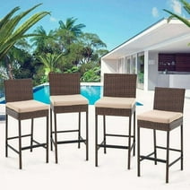 AVAWING Outdoor Wicker Rattan Bar Stools Set of 4 with Cushion for Backyard, Brown