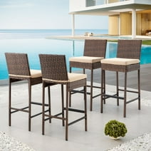AVAWING Outdoor Wicker Rattan Bar Stools Set of 4 with Cushion for Backyard, Brown