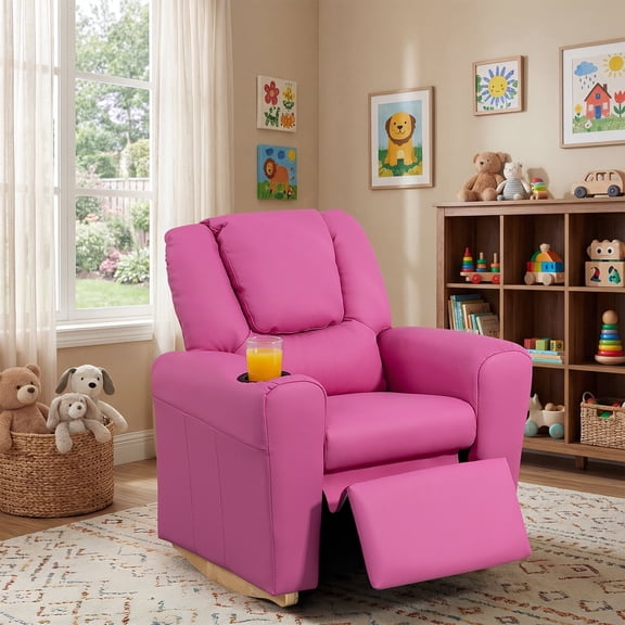 AVAWING PU Leather Kids Recliner Chair with Cup Holder, Curved Rocking Toddler Recliner Chair, Pink