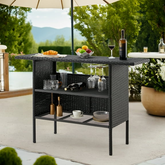 AVAWING Patio PE Wicker Bar Table, Outdoor Rattan Table with 2 Steel Shelves & Wine Rack, Black
