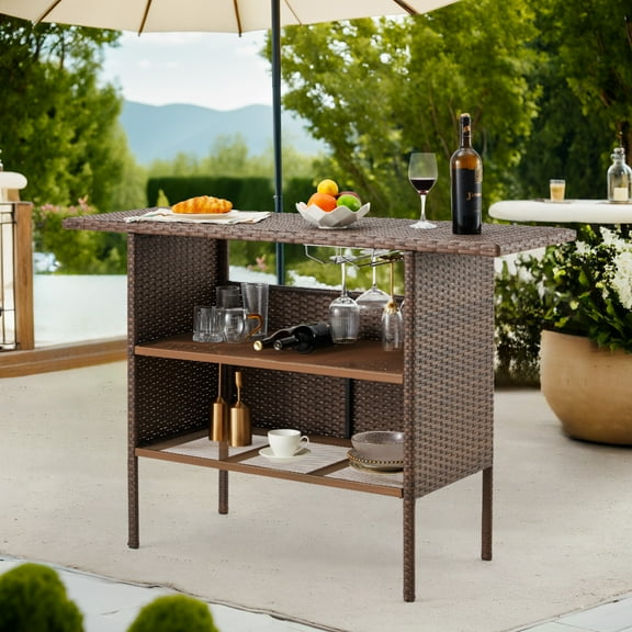 AVAWING Patio PE Wicker Bar Table, Outdoor Rattan Table with 2 Steel Shelves & Wine Rack, Brown