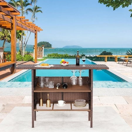 AVAWING Patio PE Wicker Rattan Bar Table(54.7 x 36.8 x 18.1) w/ 2 Steel Shelves & Wine Rack, Brown